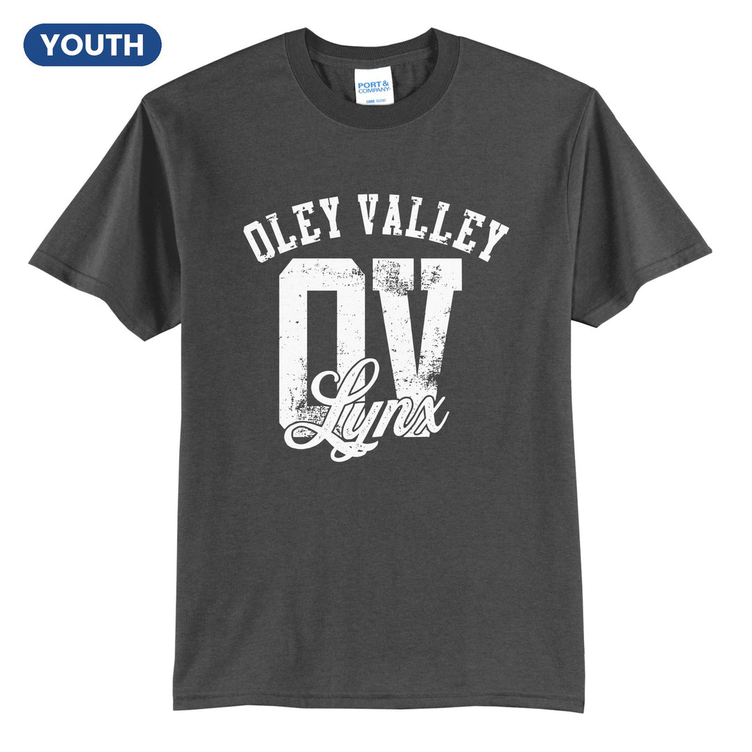 Oley Valley Lynx OV Monogram youth t-shirt in Charcoal: OLEY VALLEY arched over a distressed OV monogram with Lynx script