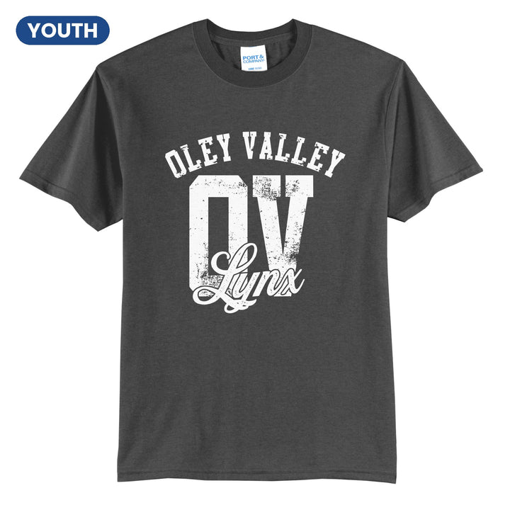 Oley Valley Lynx OV Monogram youth t-shirt in Charcoal: OLEY VALLEY arched over a distressed OV monogram with Lynx script