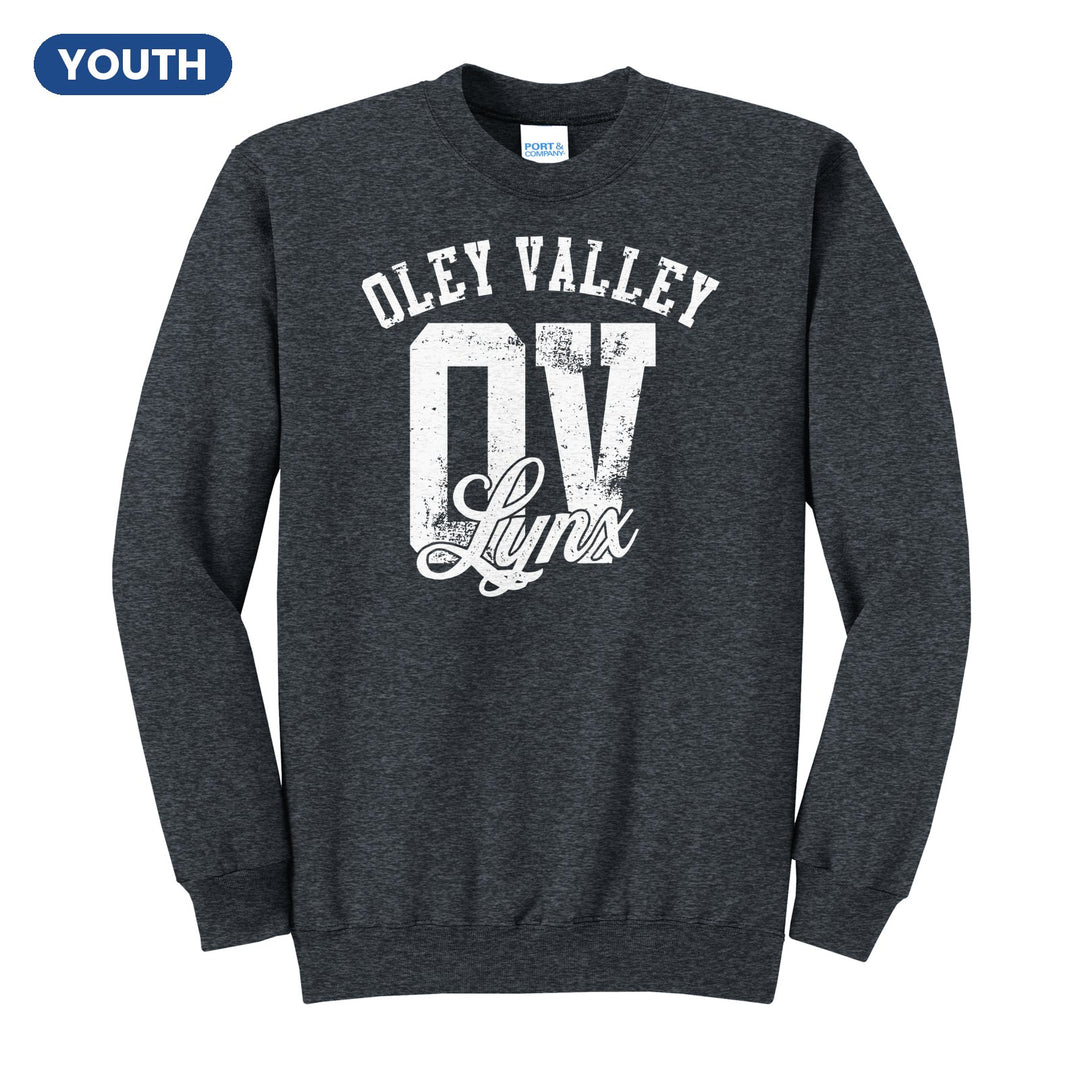 Oley Valley Lynx OV Monogram youth crewneck sweatshirt in Dark Heather Grey: OLEY VALLEY arched over a distressed OV monogram with Lynx script