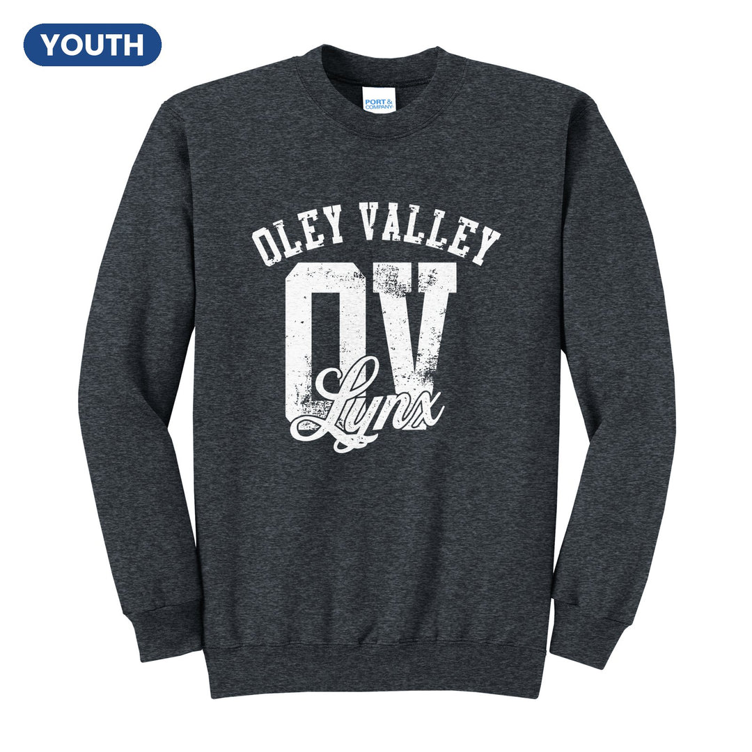 Oley Valley Lynx OV Monogram youth crewneck sweatshirt in Dark Heather Grey: OLEY VALLEY arched over a distressed OV monogram with Lynx script