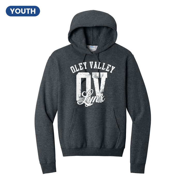 Oley Valley Lynx OV Monogram youth hoodie in Dark Heather Grey: OLEY VALLEY arched over a distressed OV monogram with Lynx script
