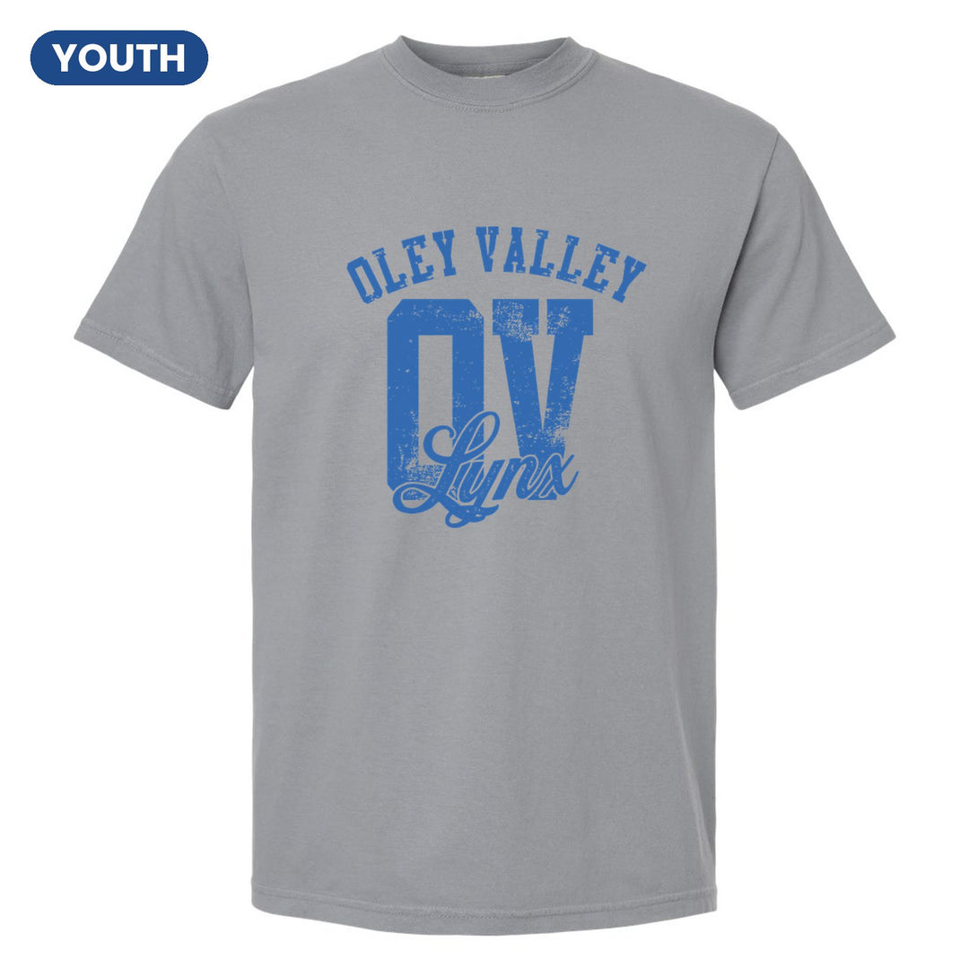 Oley Valley Lynx OV Monogram youth comfort colors t-shirt in Granite: OLEY VALLEY arched over a distressed OV monogram with Lynx script