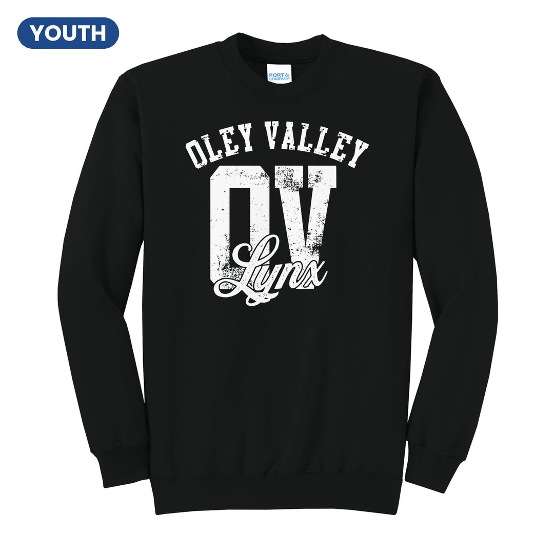 Oley Valley Lynx OV Monogram youth crewneck sweatshirt in Jet Black: OLEY VALLEY arched over a distressed OV monogram with Lynx script