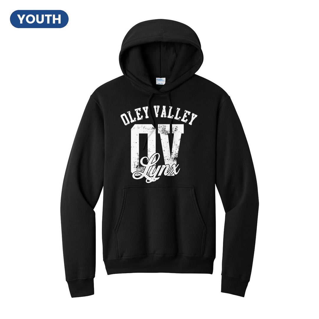 Oley Valley Lynx OV Monogram youth hoodie in Jet Black: OLEY VALLEY arched over a distressed OV monogram with Lynx script