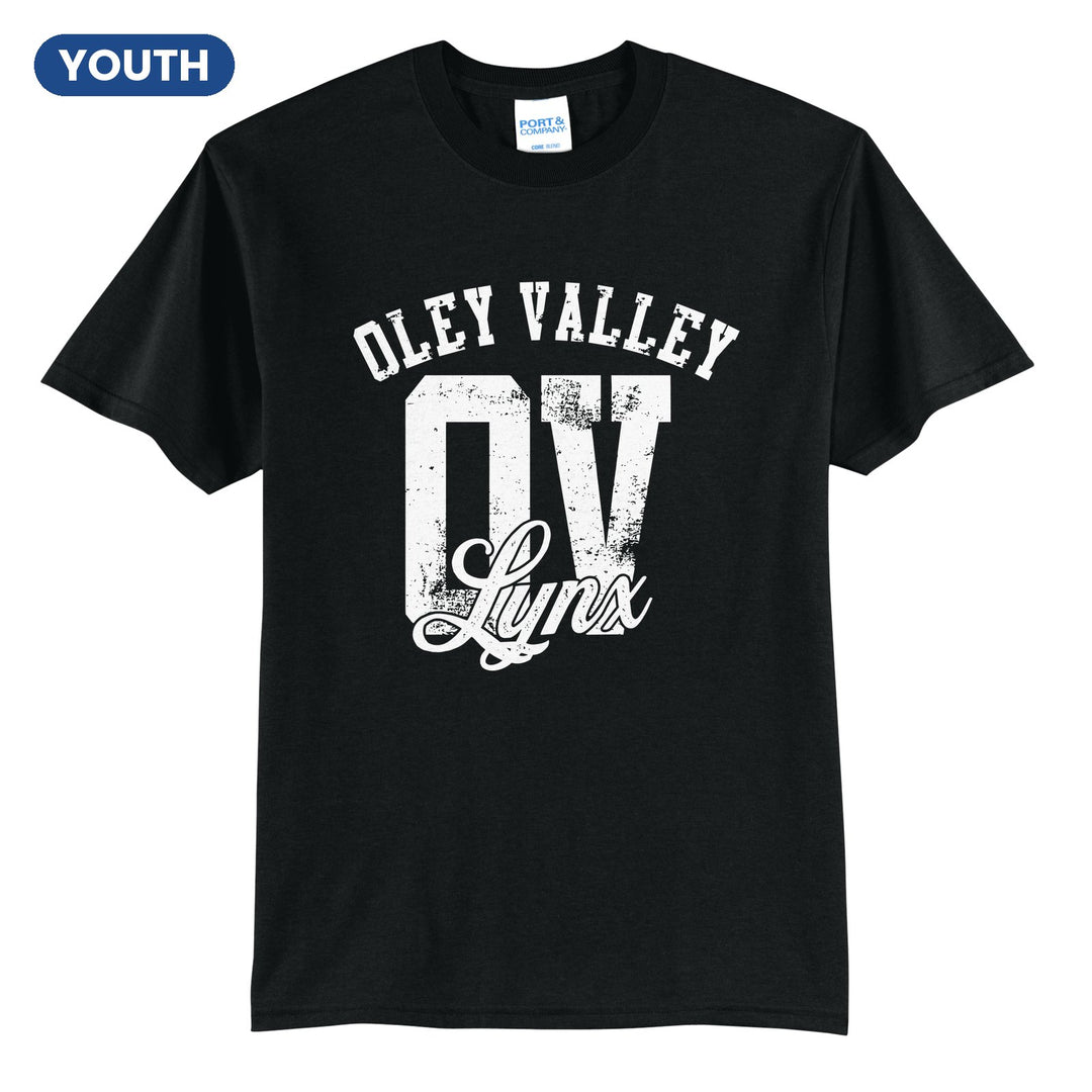 Oley Valley Lynx OV Monogram youth t-shirt in Jet Black: OLEY VALLEY arched over a distressed OV monogram with Lynx script