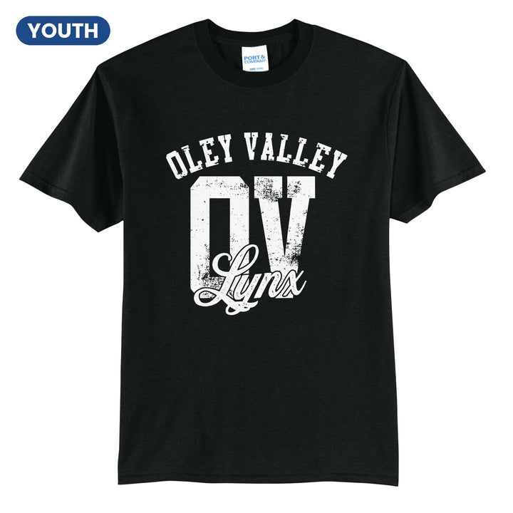 Oley Valley Lynx OV Monogram youth t-shirt in Jet Black: OLEY VALLEY arched over a distressed OV monogram with Lynx script