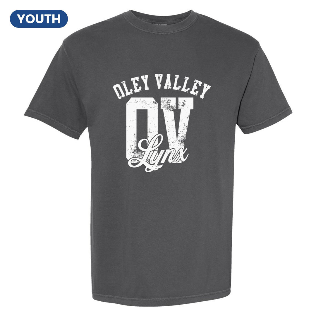 Oley Valley Lynx OV Monogram youth comfort colors t-shirt in Pepper: OLEY VALLEY arched over a distressed OV monogram with Lynx script