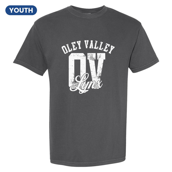 Oley Valley Lynx OV Monogram youth comfort colors t-shirt in Pepper: OLEY VALLEY arched over a distressed OV monogram with Lynx script