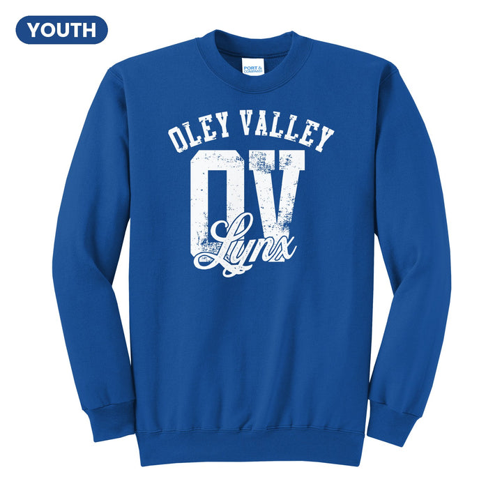 Oley Valley Lynx OV Monogram youth crewneck sweatshirt in Royal: OLEY VALLEY arched over a distressed OV monogram with Lynx script