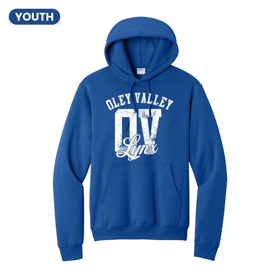 Oley Valley Lynx OV Monogram youth hoodie in Royal: OLEY VALLEY arched over a distressed OV monogram with Lynx script