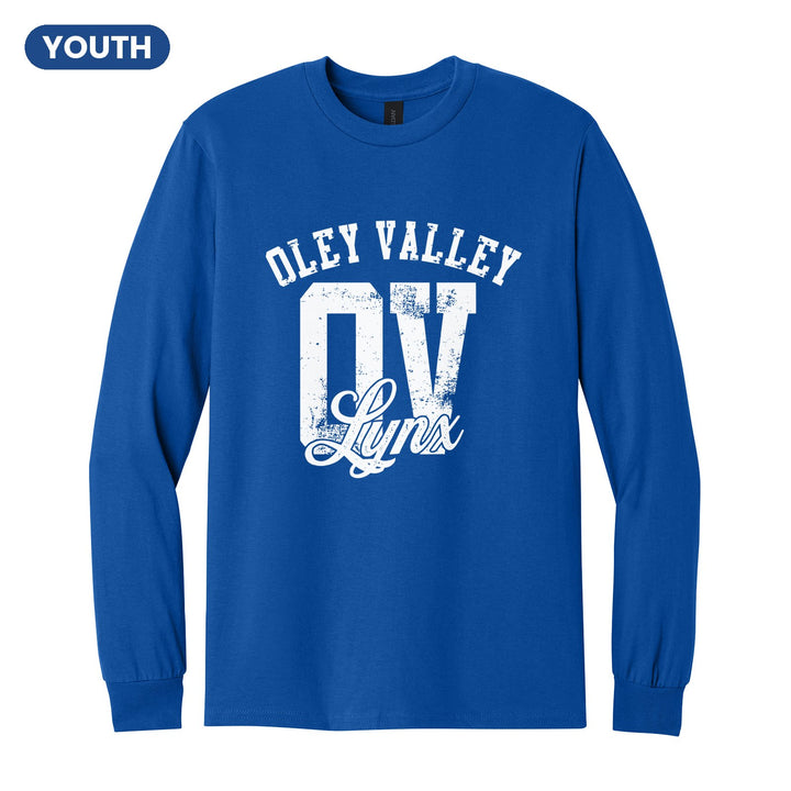 Oley Valley Lynx OV Monogram youth long sleeve t-shirt in Royal: OLEY VALLEY arched over a distressed OV monogram with Lynx script