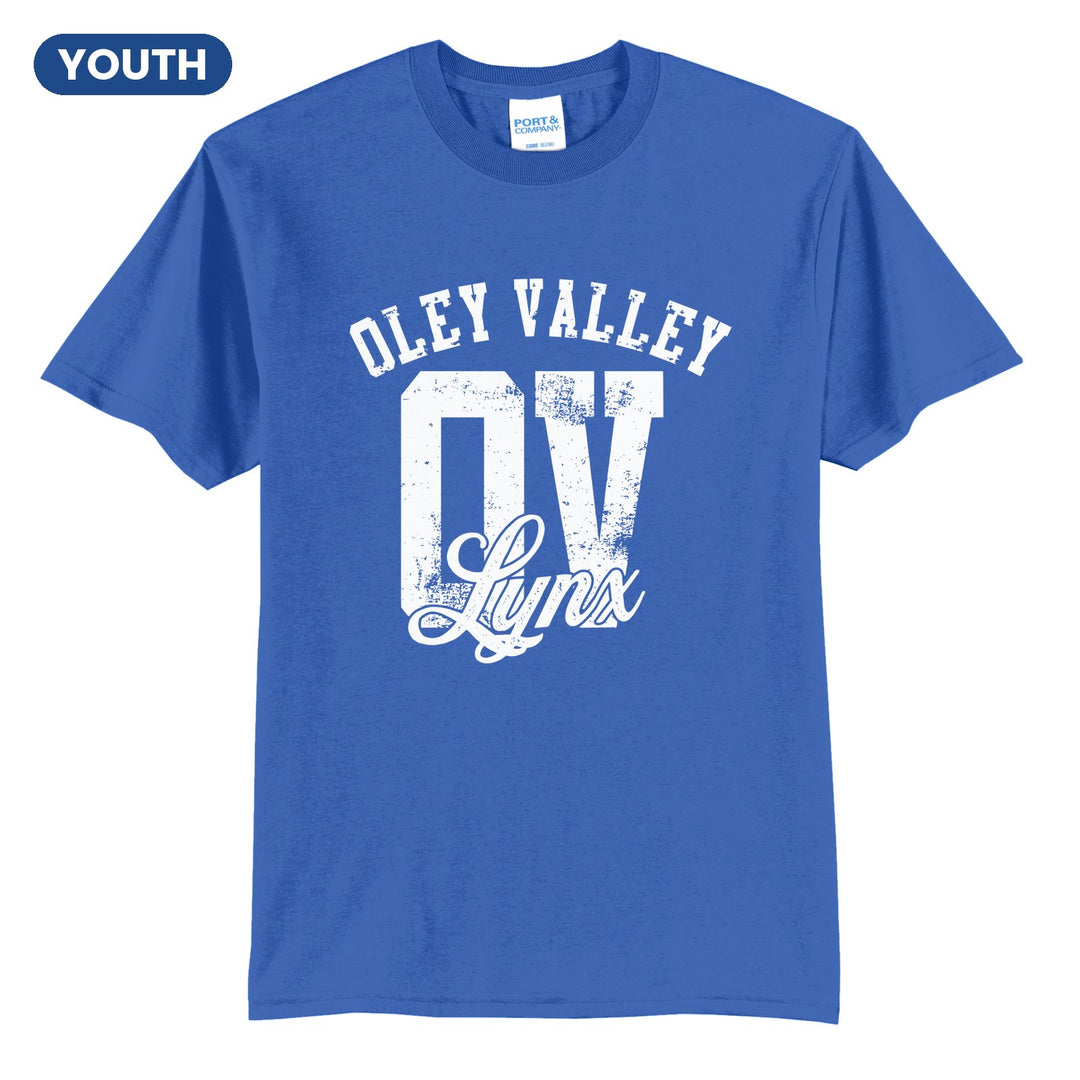 Oley Valley Lynx OV Monogram youth t-shirt in Royal: OLEY VALLEY arched over a distressed OV monogram with Lynx script