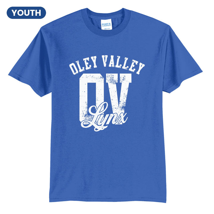 Oley Valley Lynx OV Monogram youth t-shirt in Royal: OLEY VALLEY arched over a distressed OV monogram with Lynx script