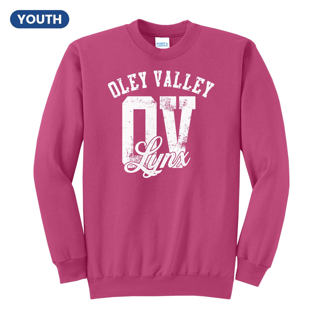 Oley Valley Lynx OV Monogram youth crewneck sweatshirt in Sangria: OLEY VALLEY arched over a distressed OV monogram with Lynx script