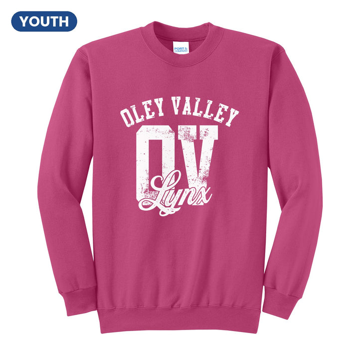 Oley Valley Lynx OV Monogram youth crewneck sweatshirt in Sangria: OLEY VALLEY arched over a distressed OV monogram with Lynx script