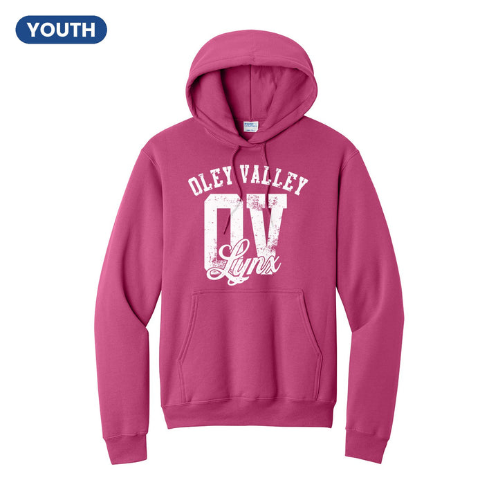 Oley Valley Lynx OV Monogram youth hoodie in Sangria: OLEY VALLEY arched over a distressed OV monogram with Lynx script