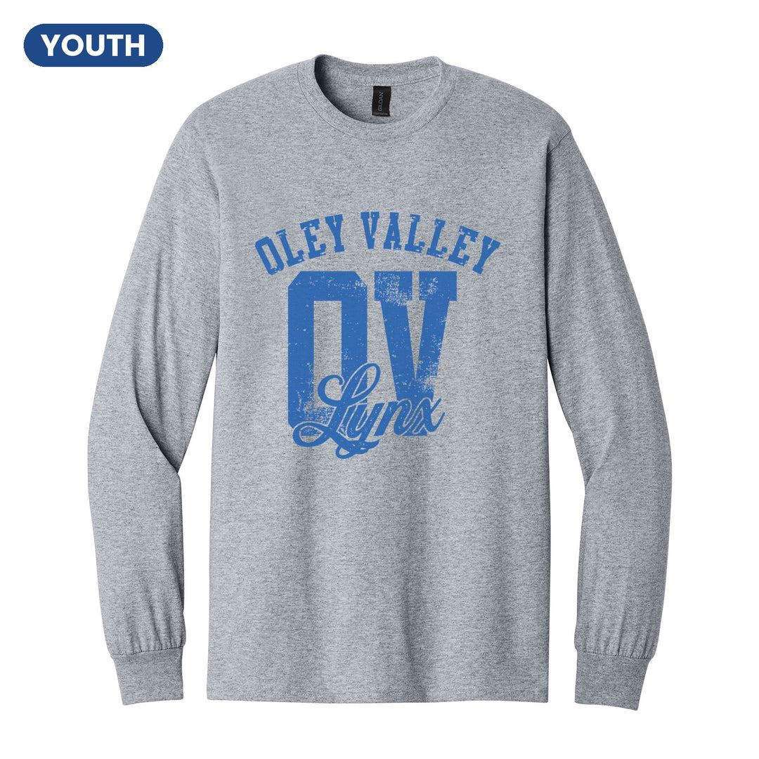 Oley Valley Lynx OV Monogram youth long sleeve t-shirt in Sport Grey: OLEY VALLEY arched over a distressed OV monogram with Lynx script