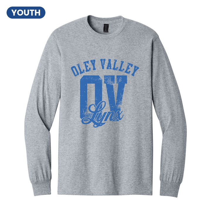 Oley Valley Lynx OV Monogram youth long sleeve t-shirt in Sport Grey: OLEY VALLEY arched over a distressed OV monogram with Lynx script