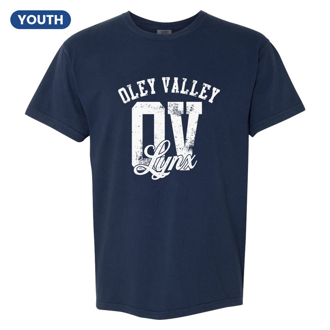 Oley Valley Lynx OV Monogram youth comfort colors t-shirt in True Navy: OLEY VALLEY arched over a distressed OV monogram with Lynx script