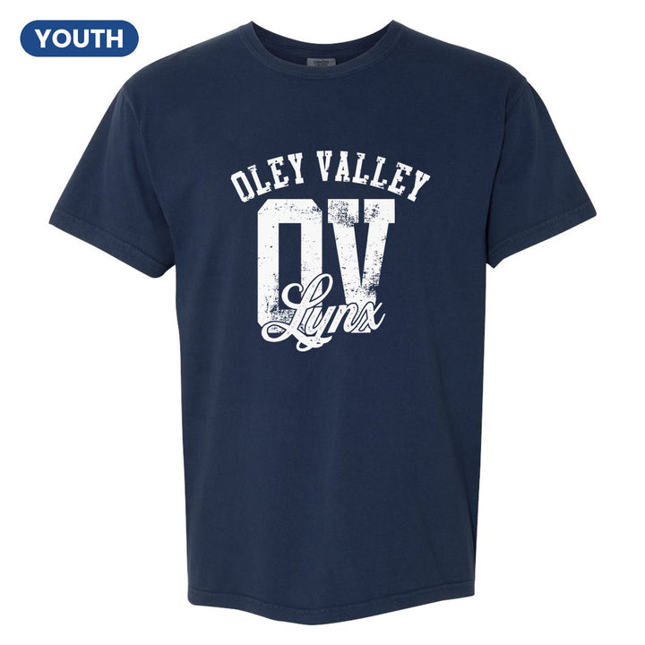 Oley Valley Lynx OV Monogram youth comfort colors t-shirt in True Navy: OLEY VALLEY arched over a distressed OV monogram with Lynx script