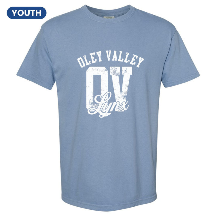 Oley Valley Lynx OV Monogram youth comfort colors t-shirt in Washed Denim: OLEY VALLEY arched over a distressed OV monogram with Lynx script