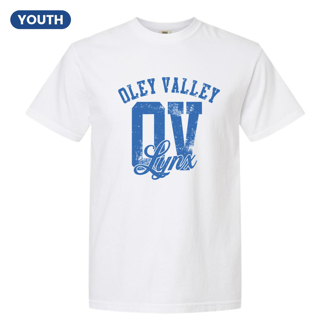 Oley Valley Lynx OV Monogram youth comfort colors t-shirt in White: OLEY VALLEY arched over a distressed OV monogram with Lynx script