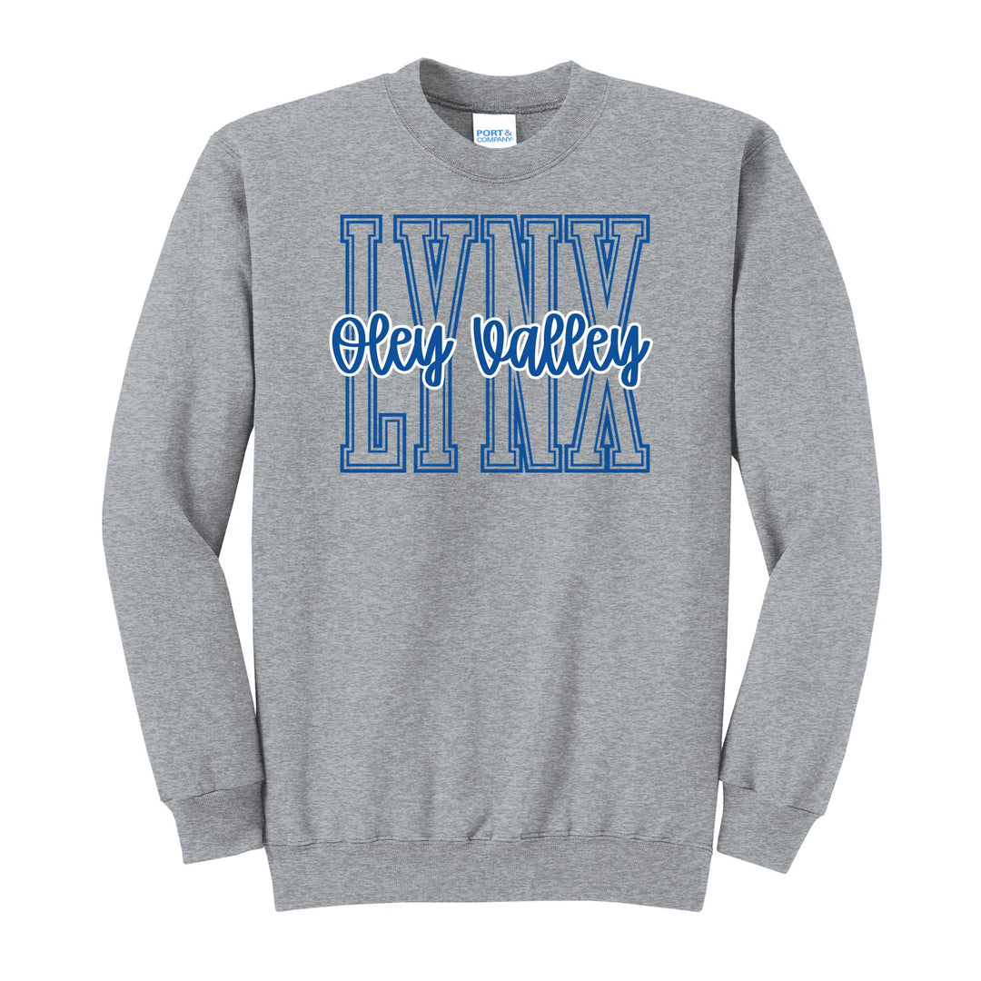 Oley Valley Lynx Outline Script crewneck sweatshirt in Athletic Heather: outlined LYNX letters with Oley Valley script across the front