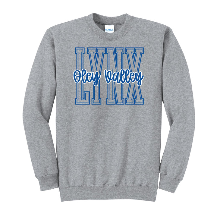 Oley Valley Lynx Outline Script crewneck sweatshirt in Athletic Heather: outlined LYNX letters with Oley Valley script across the front