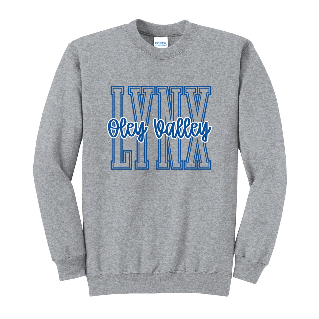 Oley Valley Lynx Outline Script crewneck sweatshirt in Athletic Heather: outlined LYNX letters with Oley Valley script across the front