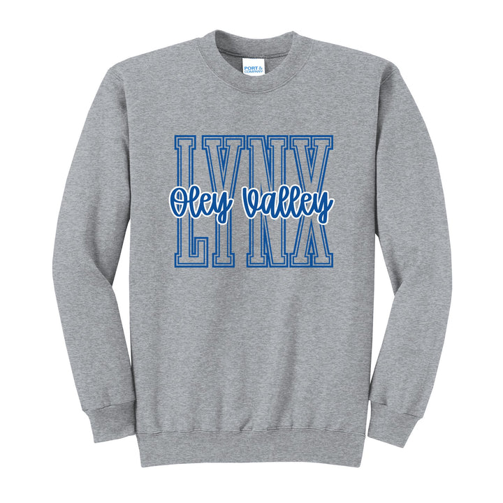 Oley Valley Lynx Outline Script crewneck sweatshirt in Athletic Heather: outlined LYNX letters with Oley Valley script across the front