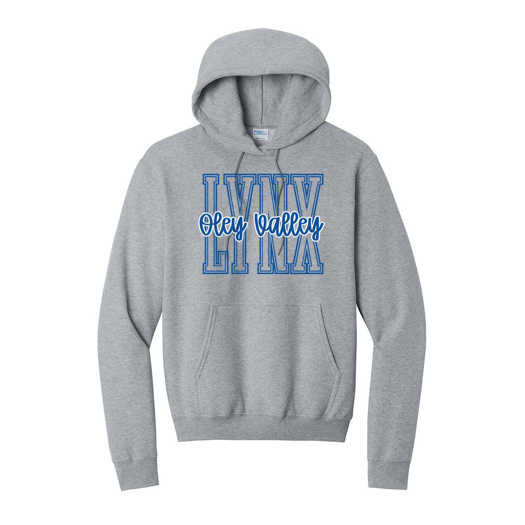 Oley Valley Lynx Outline Script hoodie in Athletic Heather: outlined LYNX letters with Oley Valley script across the front