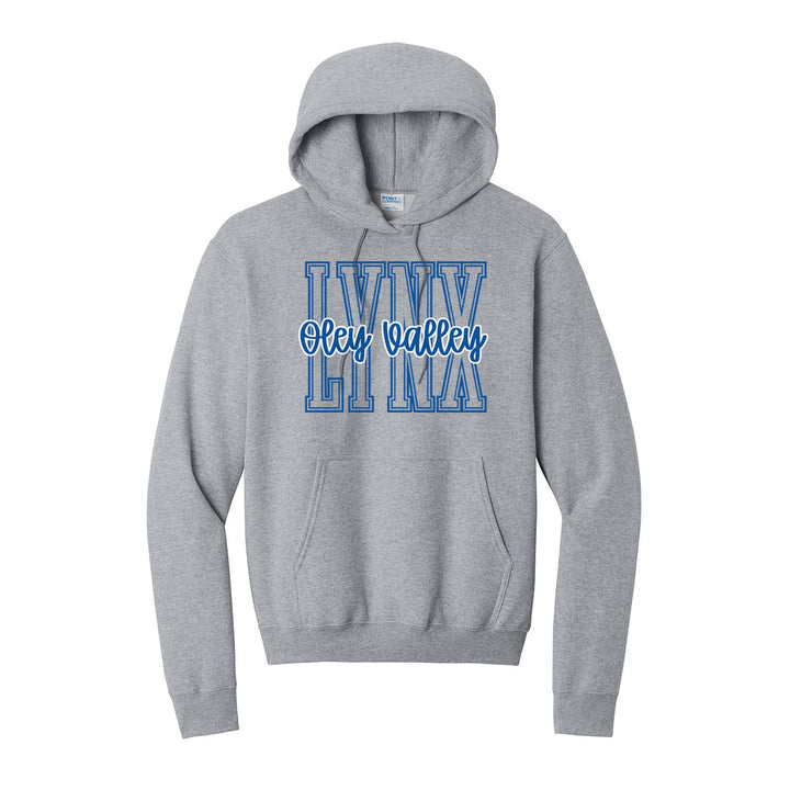 Oley Valley Lynx Outline Script hoodie in Athletic Heather: outlined LYNX letters with Oley Valley script across the front