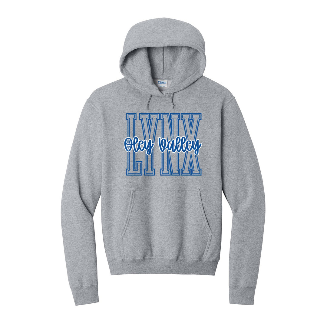 Oley Valley Lynx Outline Script hoodie in Athletic Heather: outlined LYNX letters with Oley Valley script across the front