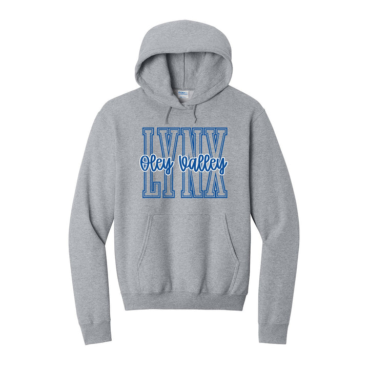 Oley Valley Lynx Outline Script hoodie in Athletic Heather: outlined LYNX letters with Oley Valley script across the front
