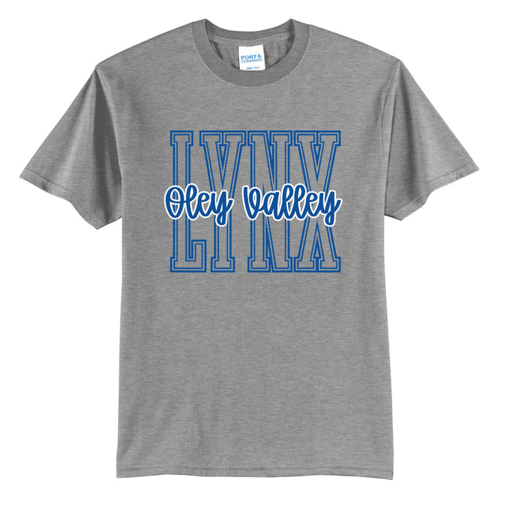 Oley Valley Lynx Outline Script t-shirt in Athletic Heather: outlined LYNX letters with Oley Valley script across the front