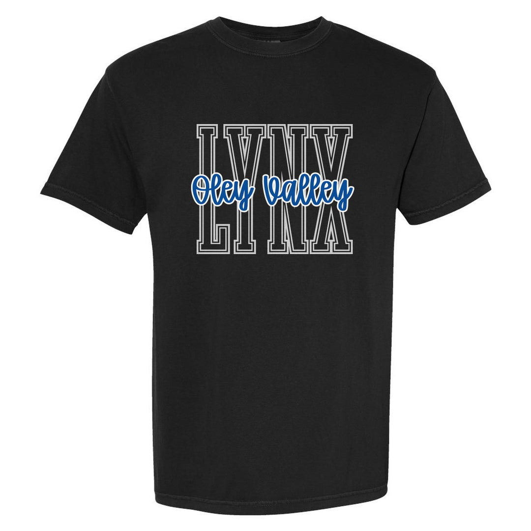 Oley Valley Lynx Outline Script comfort colors t-shirt in Black: outlined LYNX letters with Oley Valley script across the front