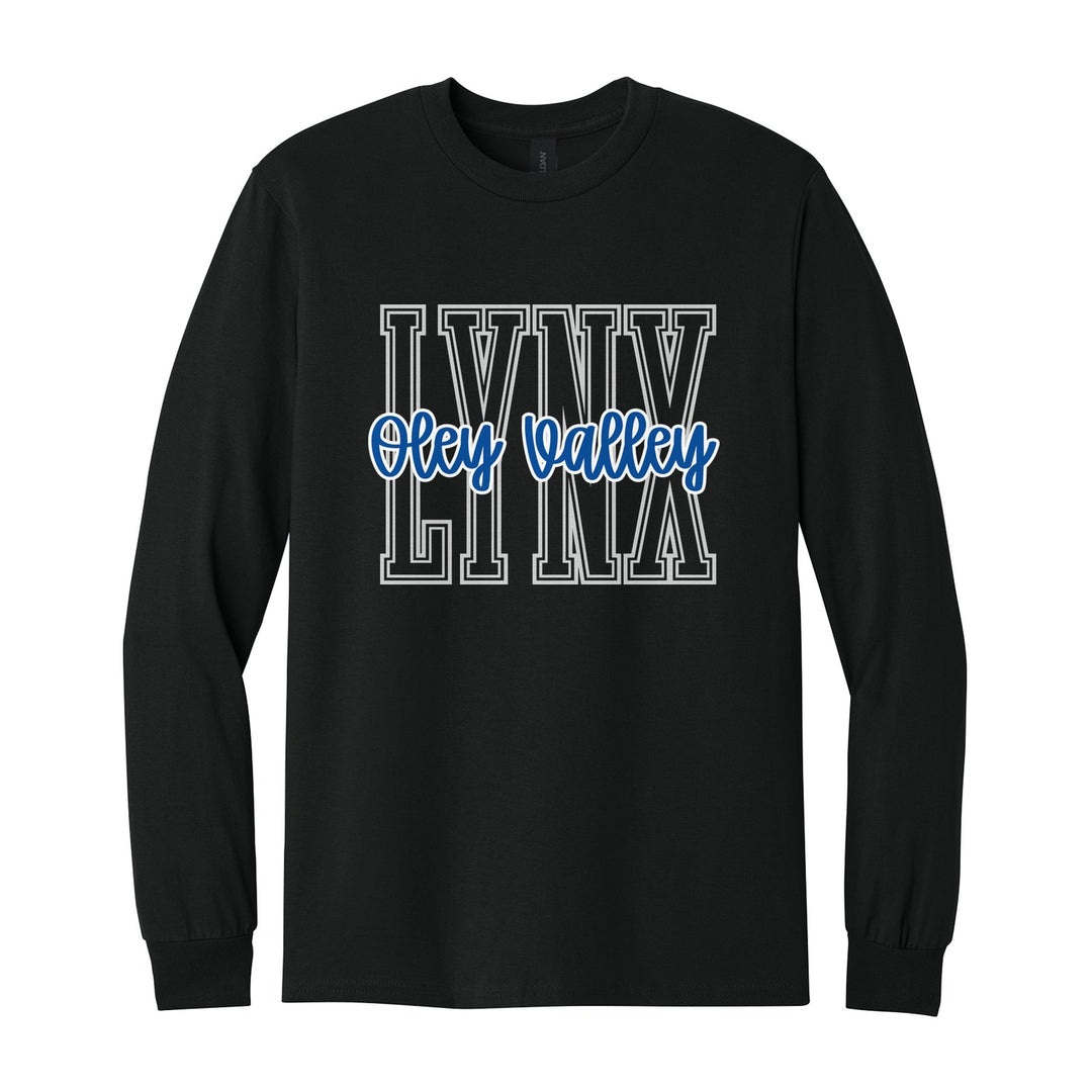 Oley Valley Lynx Outline Script long sleeve t-shirt in Black: outlined LYNX letters with Oley Valley script across the front