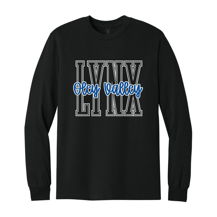 Oley Valley Lynx Outline Script long sleeve t-shirt in Black: outlined LYNX letters with Oley Valley script across the front