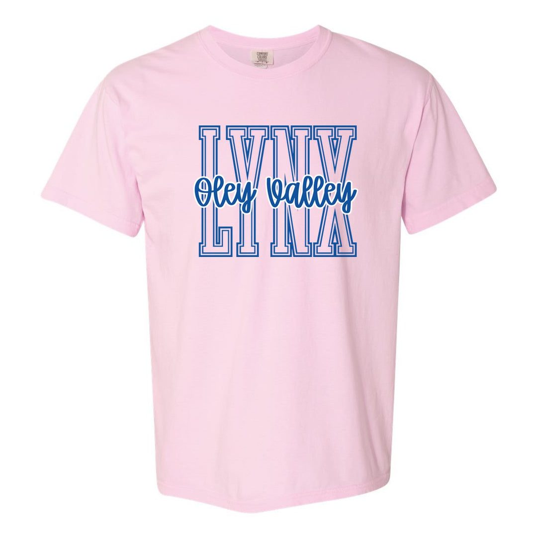 Oley Valley Lynx Outline Script comfort colors t-shirt in Blossom: outlined LYNX letters with Oley Valley script across the front