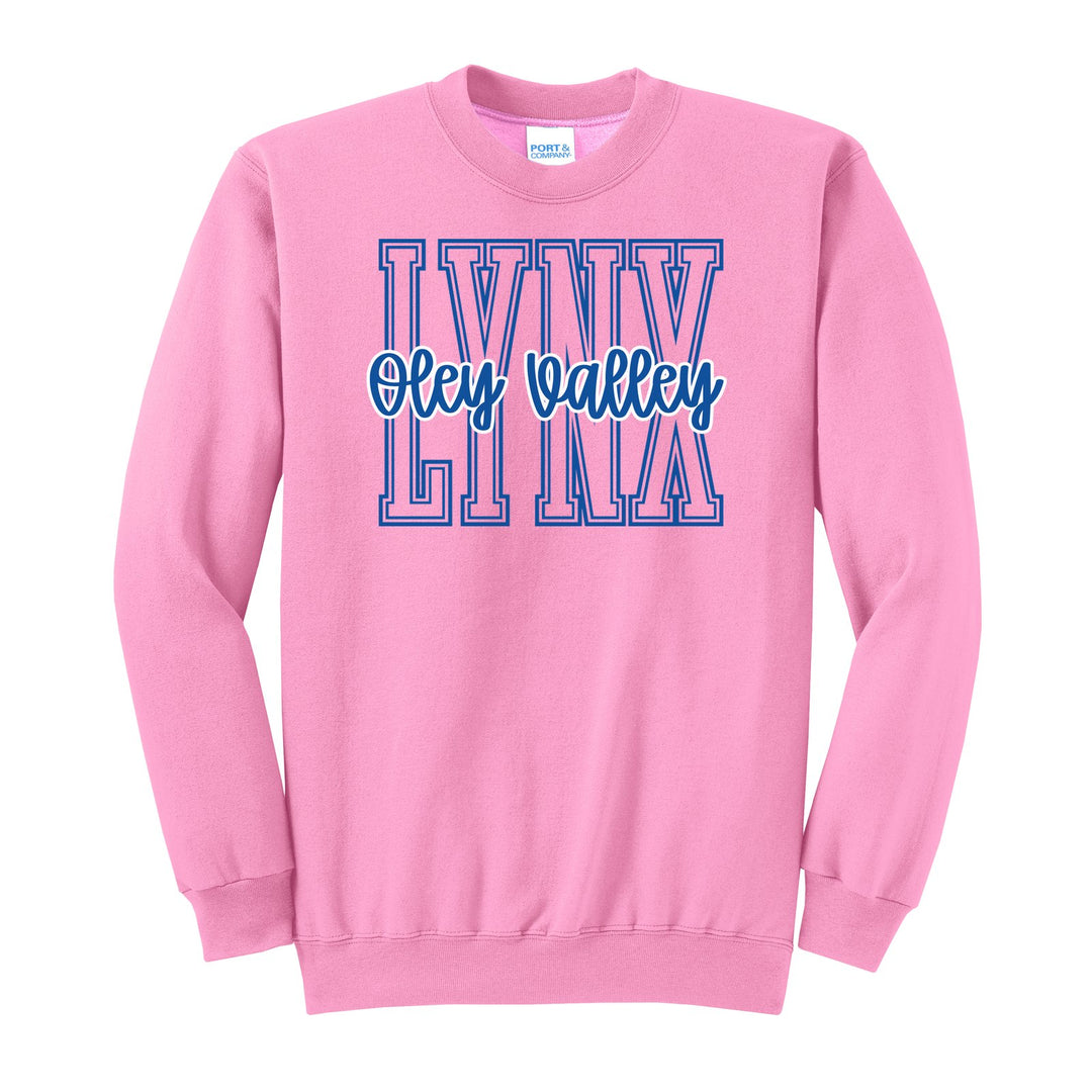 Oley Valley Lynx Outline Script crewneck sweatshirt in Candy Pink: outlined LYNX letters with Oley Valley script across the front