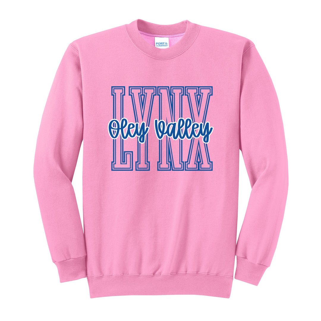 Oley Valley Lynx Outline Script crewneck sweatshirt in Candy Pink: outlined LYNX letters with Oley Valley script across the front