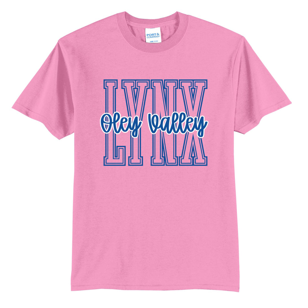 Oley Valley Lynx Outline Script t-shirt in Candy Pink: outlined LYNX letters with Oley Valley script across the front
