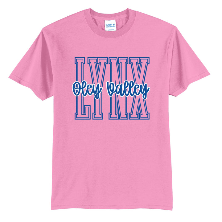 Oley Valley Lynx Outline Script t-shirt in Candy Pink: outlined LYNX letters with Oley Valley script across the front