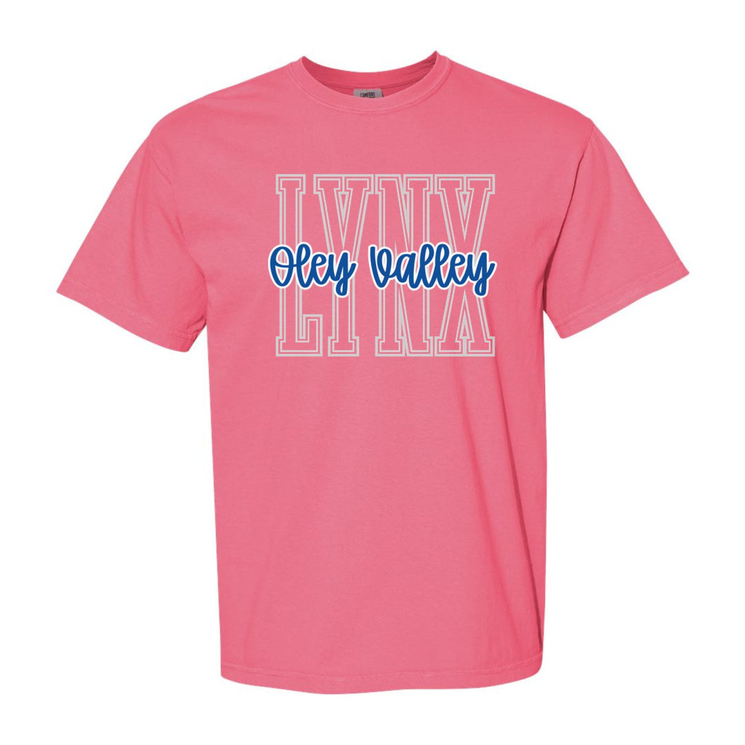 Oley Valley Lynx Outline Script comfort colors t-shirt in Crunchberry: outlined LYNX letters with Oley Valley script across the front