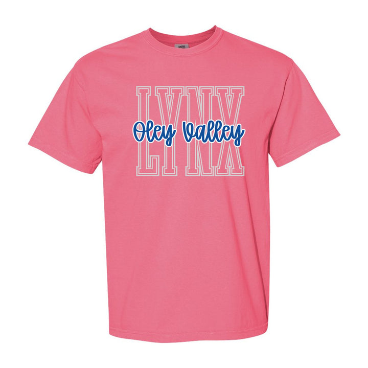 Oley Valley Lynx Outline Script comfort colors t-shirt in Crunchberry: outlined LYNX letters with Oley Valley script across the front