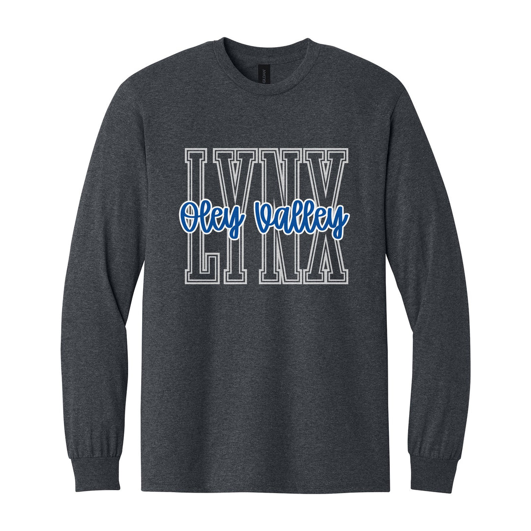 Oley Valley Lynx Outline Script long sleeve t-shirt in Dark Heather: outlined LYNX letters with Oley Valley script across the front