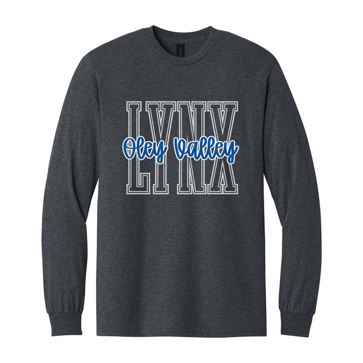 Oley Valley Lynx Outline Script long sleeve t-shirt in Dark Heather: outlined LYNX letters with Oley Valley script across the front