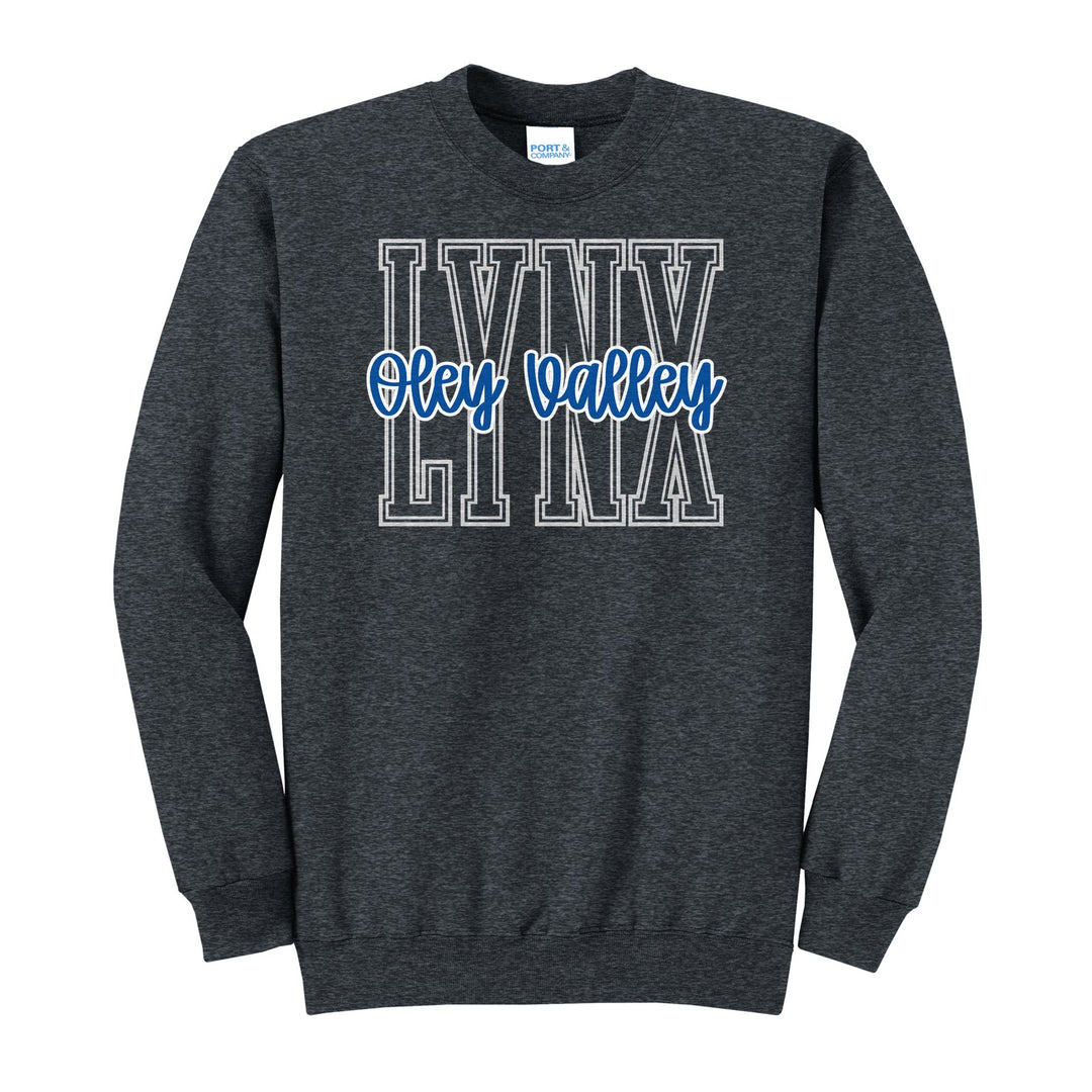 Oley Valley Lynx Outline Script crewneck sweatshirt in Dark Heather Grey: outlined LYNX letters with Oley Valley script across the front