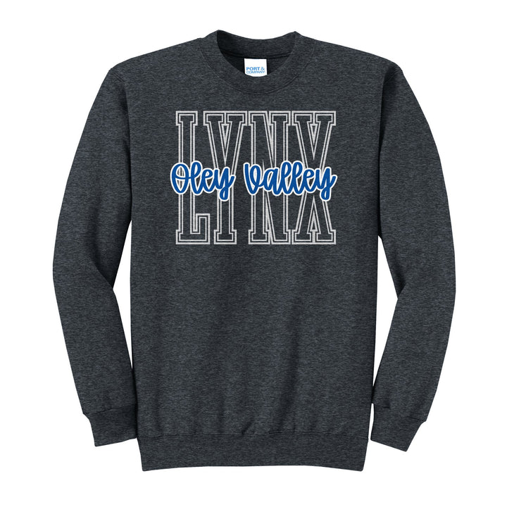 Oley Valley Lynx Outline Script crewneck sweatshirt in Dark Heather Grey: outlined LYNX letters with Oley Valley script across the front