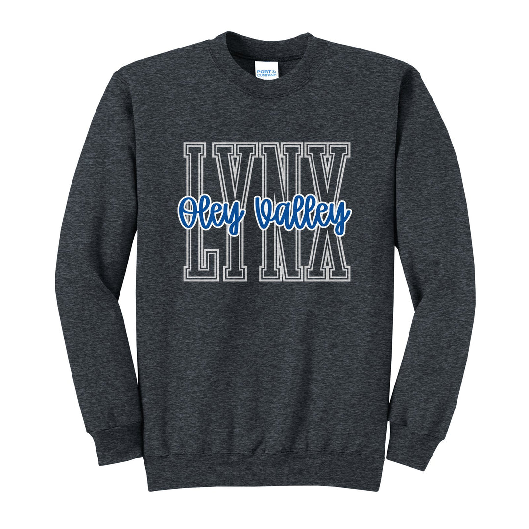 Oley Valley Lynx Outline Script crewneck sweatshirt in Dark Heather Grey: outlined LYNX letters with Oley Valley script across the front